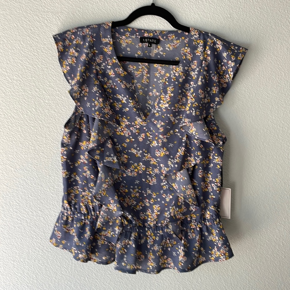 1. State Blue Floral Ruffle Sleeve Blouse, NWT, Sz L